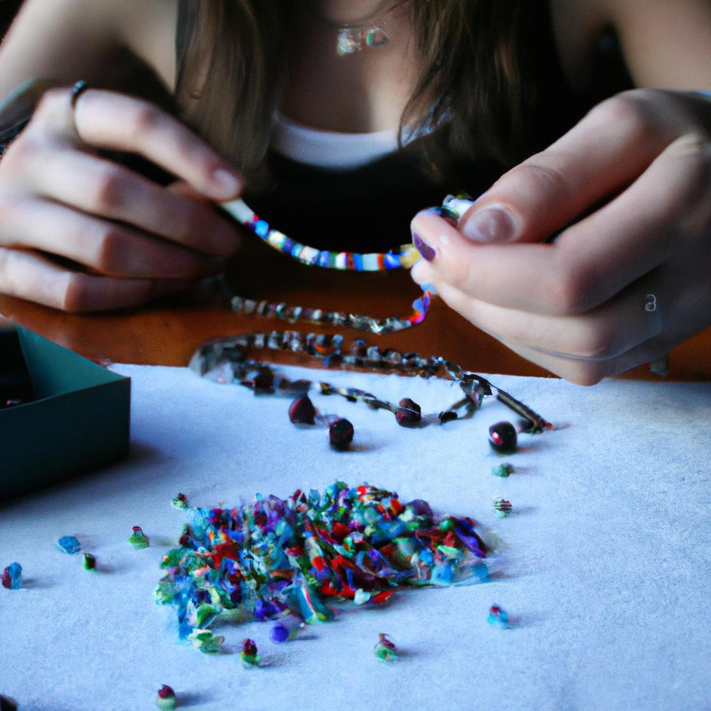 Woman crafting intricate beaded necklace