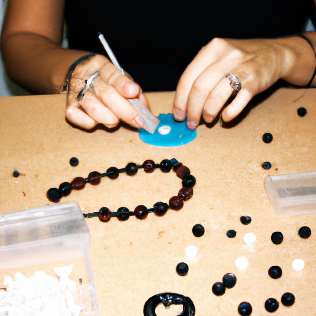 Woman crafting jewelry with various materials