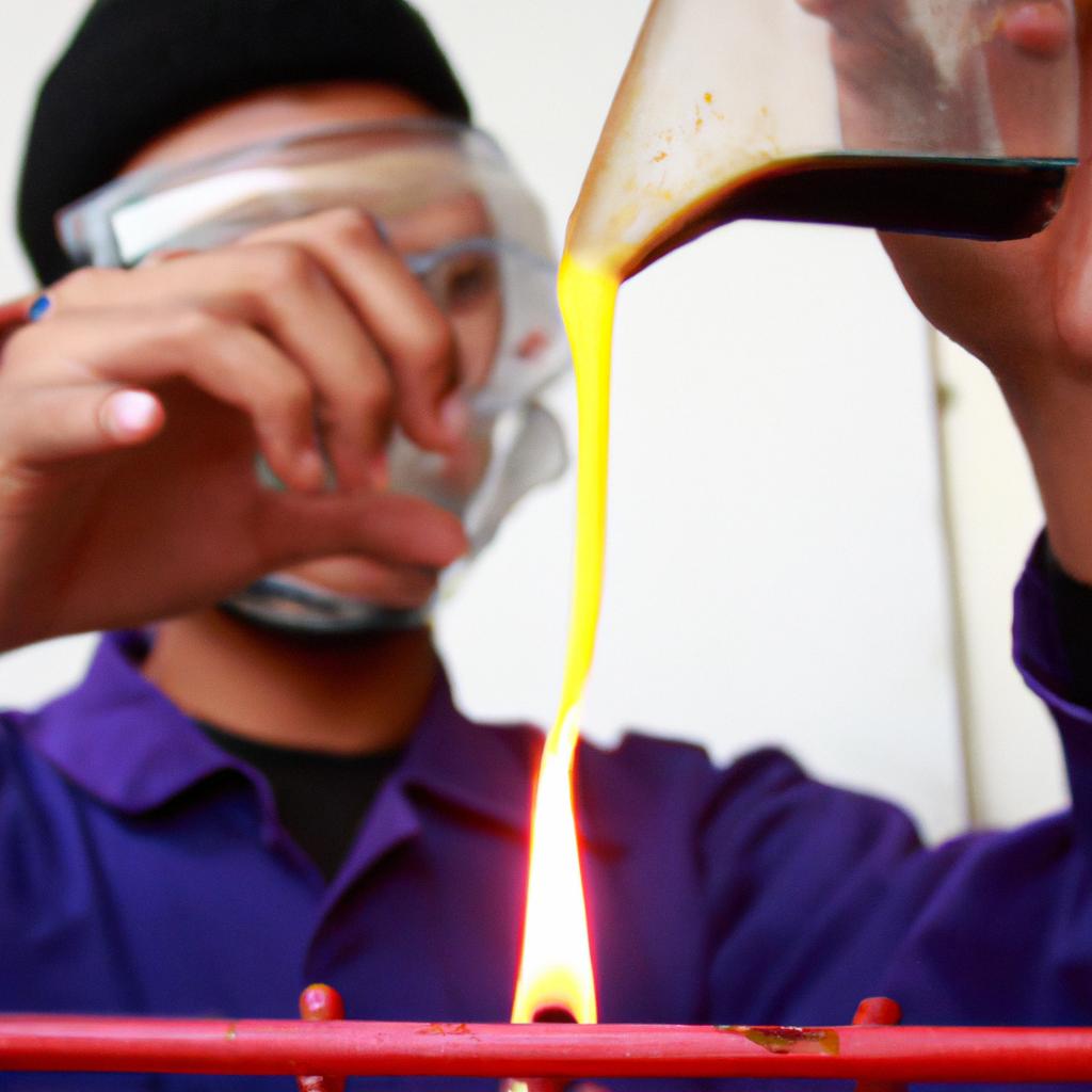 Person wearing safety goggles, pouring wax